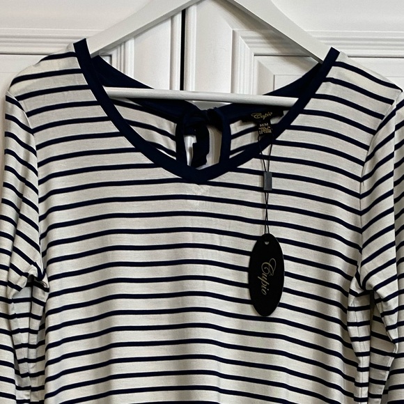 NWT Cupio Medium V Neck Navy White Stripe Navy Bows Middle Back Long Sleeve Top - Picture 2 of 7
